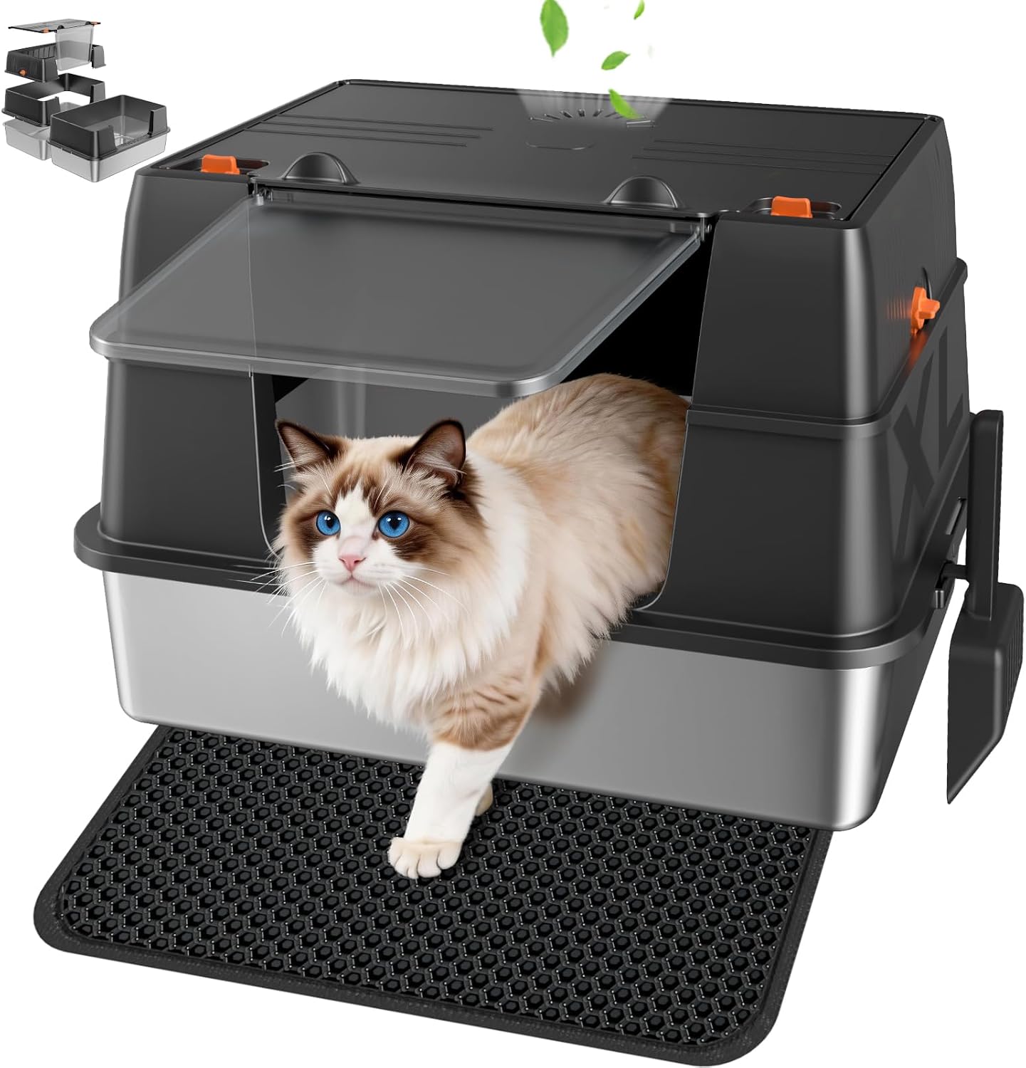 Stainless Steel Litter Box with Lid, High Sided Enclosed Metal Litter Box for Big Cats, Easy Cleaning Anti-Urine Leakage, Non-Sticky Cat Box, Front Entry Top Exit KittyBox, Includes Mat & Scoop